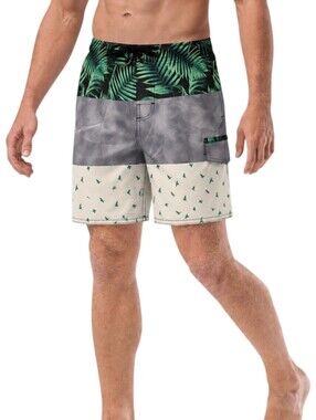 B. Split Green Tropical Colorblock Board Shorts Swim Trunks XXL